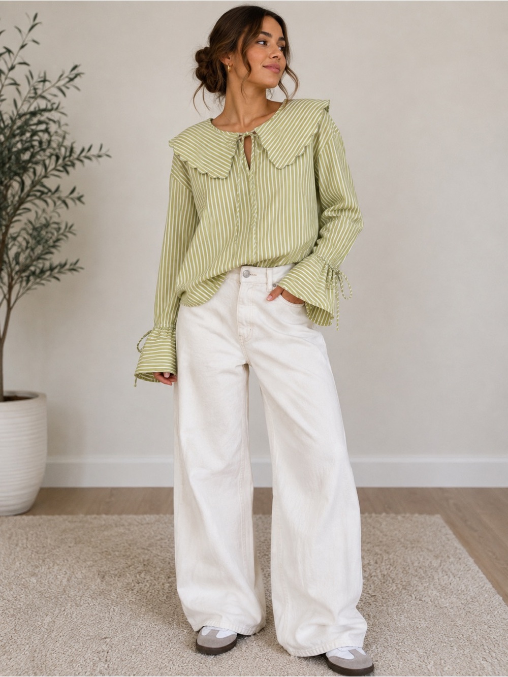 Striped Green Peplum-Sleeve Blouse with Scalloped Collar